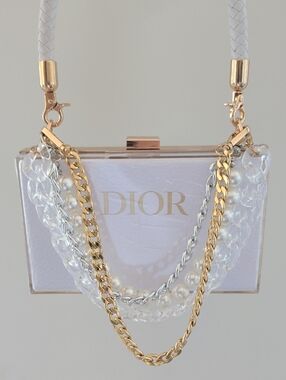 White Plexiglass Minaudière with Gold Chain Handle